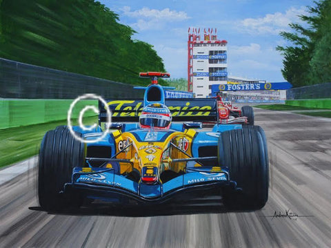 Andrew Kitson original art work - Fernando Alonso and Michael Schumacher Ferrari